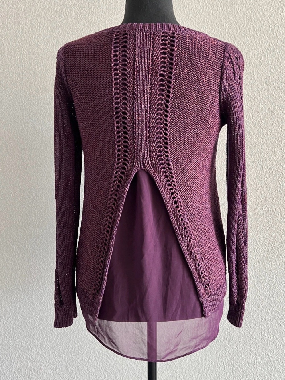 Lucky Brand Plum Knit Split-Back Sweater with Sheer Hem Mixed Media